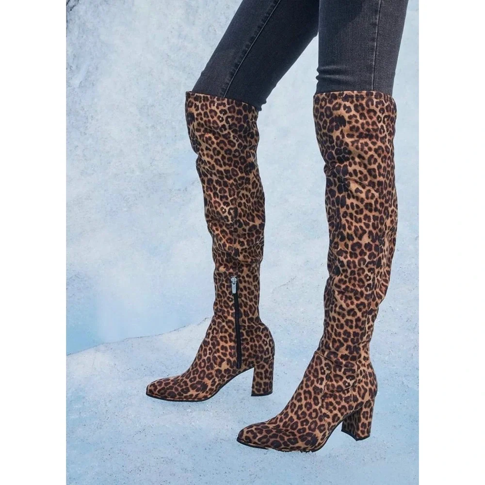 Marc Fisher‎ Leopard Print Over The Knee Block Heel Boots Brown Tan Woman's 8M